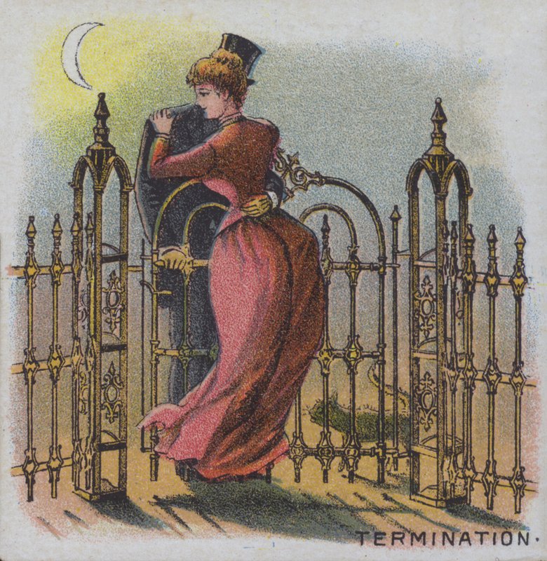 Termination - a couple embracing by a garden gate at the end of a day (colour litho) بواسطة المدرسة الأمريكية