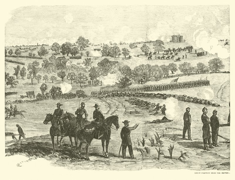 موقع نقابي بالقرب من المركز ، معركة جيتيسبيرغ ، 2 يوليو ، يوليو 1863 بواسطة المدرسة الأمريكية