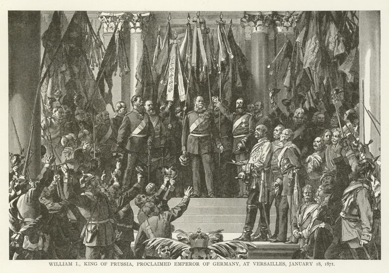 أعلن وليام الأول ، ملك بروسيا ، إمبراطور ألمانيا ، في فرساي ، 18 يناير 1871 بواسطة المدرسة الأمريكية