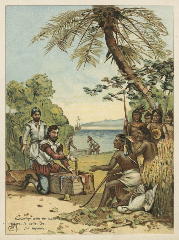 مقايضة كولومبوس مع الأمريكيين الأصليين للإمدادات (chromolitho) بواسطة أندرو ميلروز