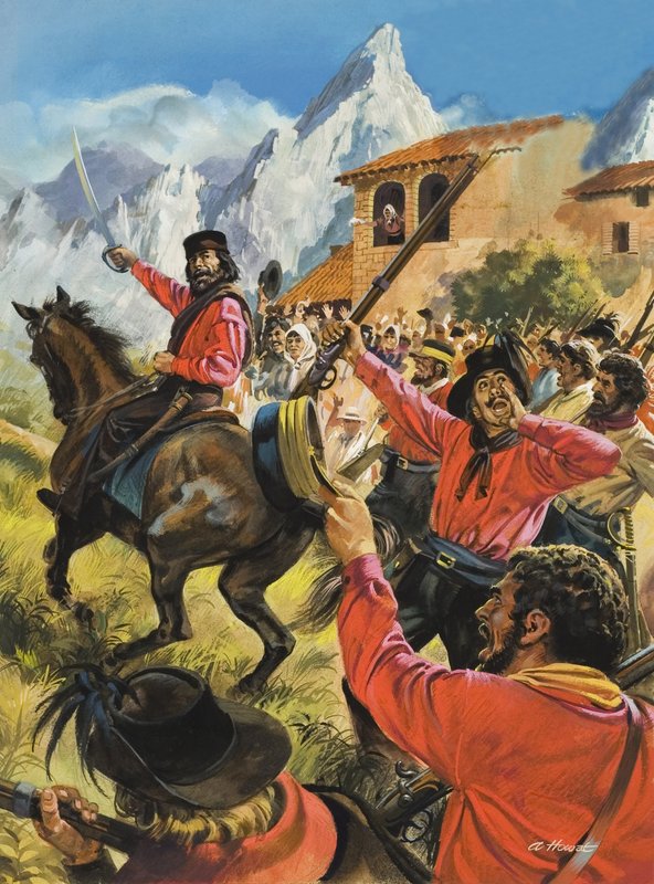 جوزيبي غاريبالدي (1807-1882) وجيشه في المعركة مع القوات الملكية النيوبلية (غواش على ورق) بواسطة أندرو هوات