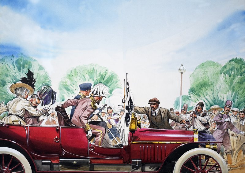 اندلاع الحرب العالمية الأولى، رسم توضيحي من "أحداث عظيمة في تاريخ العالم" (غواش على ورق) بواسطة أنجوس ماكبرايد