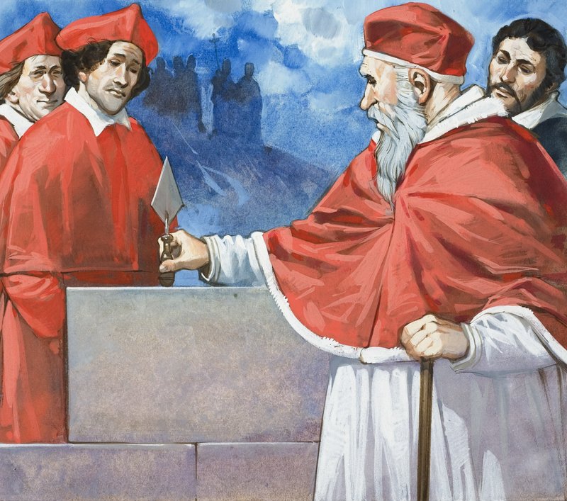 البابا يوليوس الثاني (1443-1513) البابا يوليوس الثاني (1443-1513) وهو يضع حجر الأساس لكاتدرائية القديس بطرس عام 1506 (غواش على ورق) بواسطة أنجوس ماكبرايد