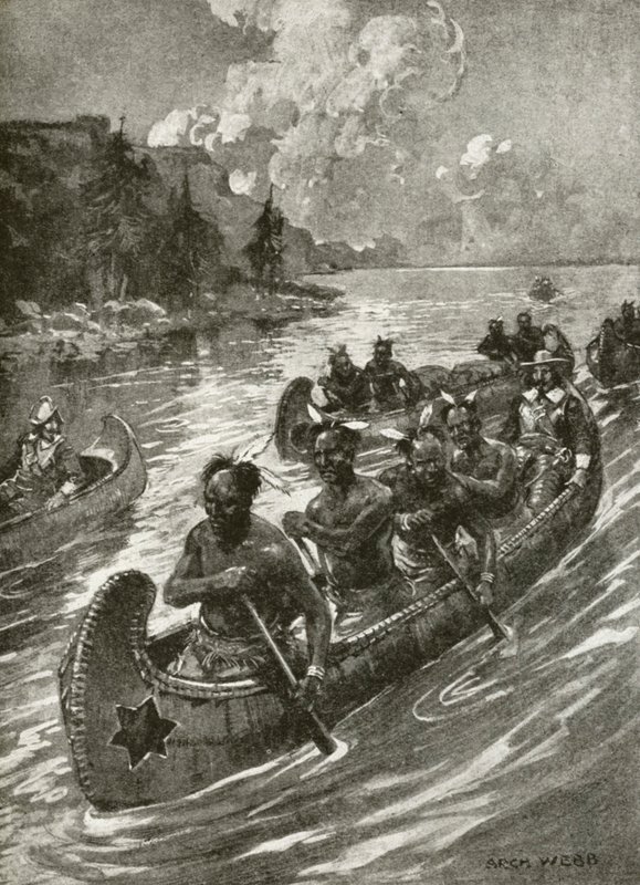 Samuel De Champlain in 1608 ascending the St Lawrence river in the canoes of friendly native American Indians (litho) بواسطة أرشيبالد بيرترام (بعد) ويب