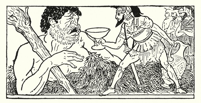 Odysseus يقدم كوبًا من النبيذ إلى Polyphemus العملاق (litho) بواسطة أرماند جوزيف بونامي