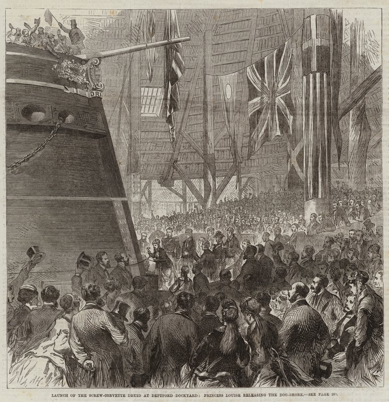إطلاق برغي كورفيت درويد في Deptford Dockyard ، الأميرة لويز تطلق Dog-Shore بواسطة آرثر هوبكنز