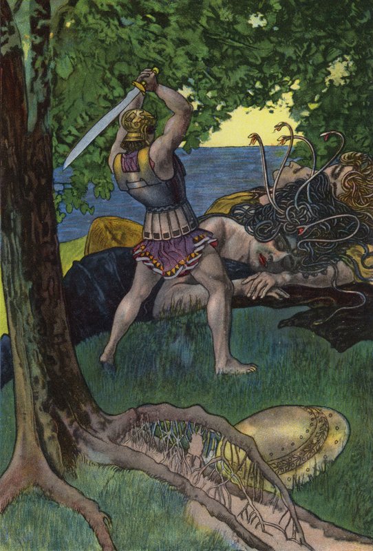 Perseus cutting off the head of Medusa (colour litho) بواسطة آرثر شاينر