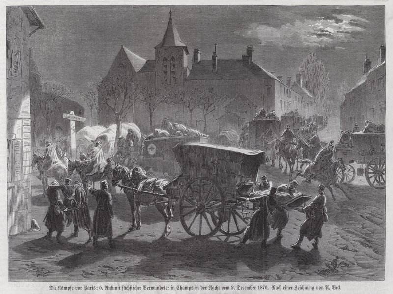 وصول الجنود السكسونيين المصابين في المعارك خارج باريس ، الحرب الفرنسية البروسية ، 2 ديسمبر 1870 (نقش) بواسطة Augustus J.Beck
