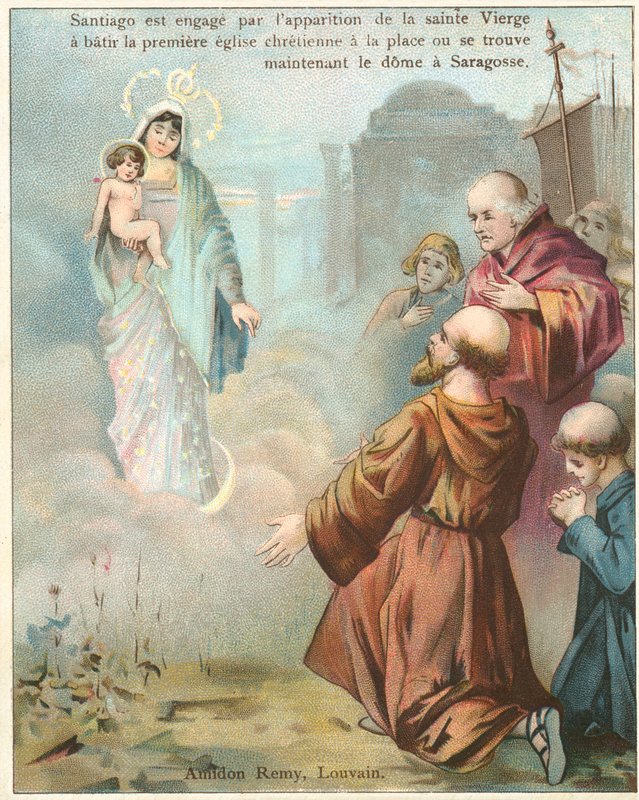يرى القديس جيمس الكبير رؤية لمريم العذراء في سرقسطة (chromolitho) بواسطة المدرسة البلجيكية