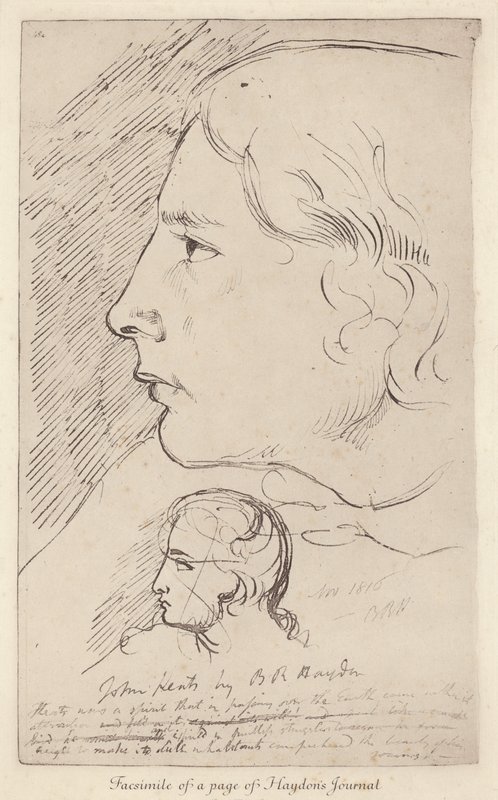 رسم تخطيطي للشاعر الإنجليزي جون كيتس من مجلة الفنان الإنجليزي بنيامين هايدون (ليثو) بواسطة بنيامين روبرت (بعد) هايدون