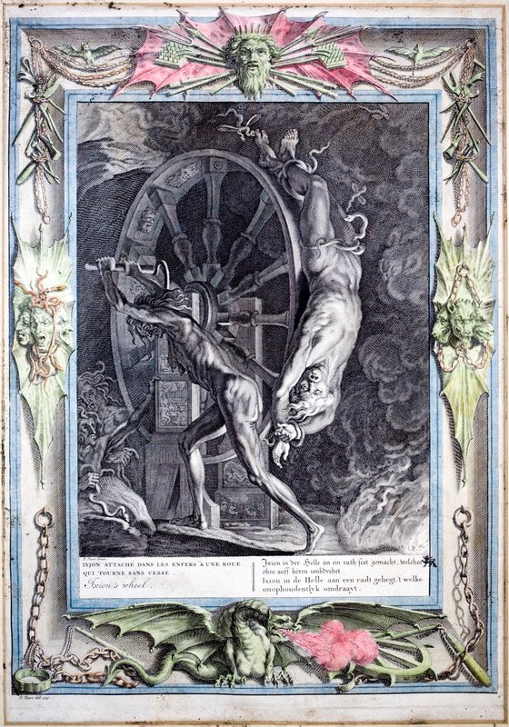 Ixion bound to the eternally turning fiery wheel (coloured engraving) بواسطة برنارد (بعد) بيكارت