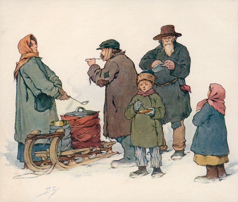 Woman selling hot soup on the street in Soviet Russia (colour litho) بواسطة بوريس فاسيليفيتش زفوريكين