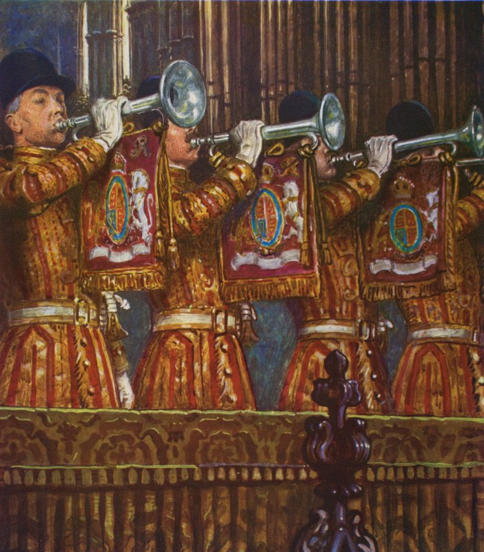 Trumpeters of the Household Cavalry sounding a fanfare (colour litho) بواسطة بيام (بعد) شو