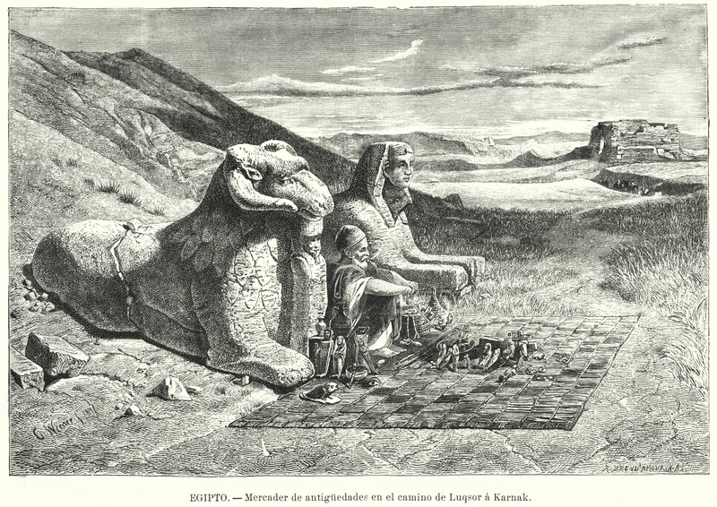 بائع اثار على الطريق من الاقصر الى الكرنك مصر (ليثو). بواسطة كارل فريدريش هاينريش (بعد) فيرنر
