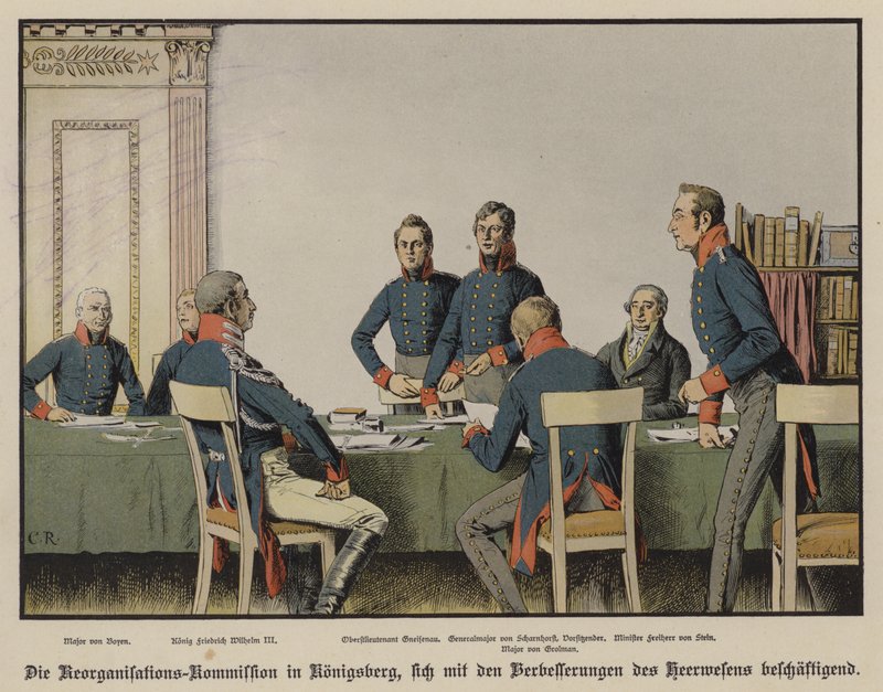 King Frederick William III attending a meeting of the Prussian Military Reorganisation Commission in Konigsberg (colour litho) بواسطة كارل روشلينج