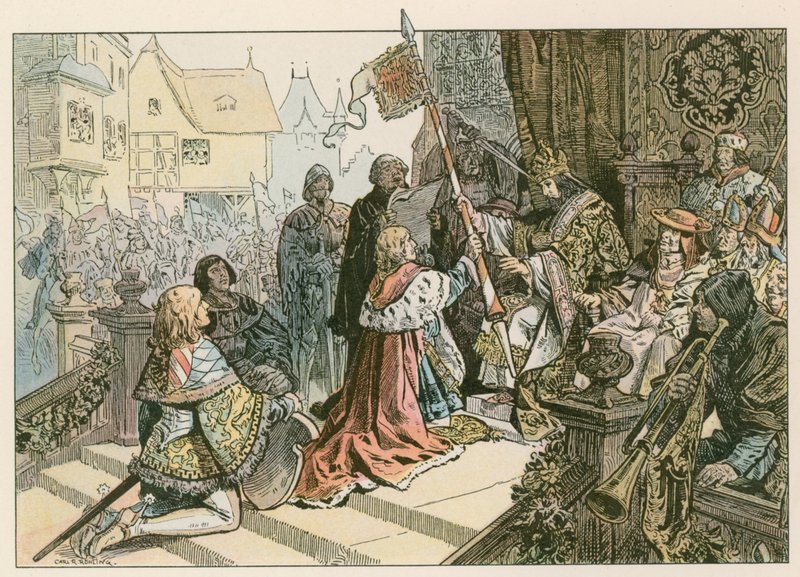 فريدريك الأول (1371-1440) مع مكافأة سيجيسموند في كونستانز مع أرض كورمارك عام 1417 بواسطة كارل فارغ