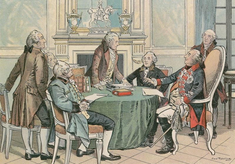 فريدريك ويليام الثاني ، ملك بروسيا (1744-1797) في مشاورة حول القانون المدني البروسي العام (حوالي 1790) بواسطة كارل فارغ