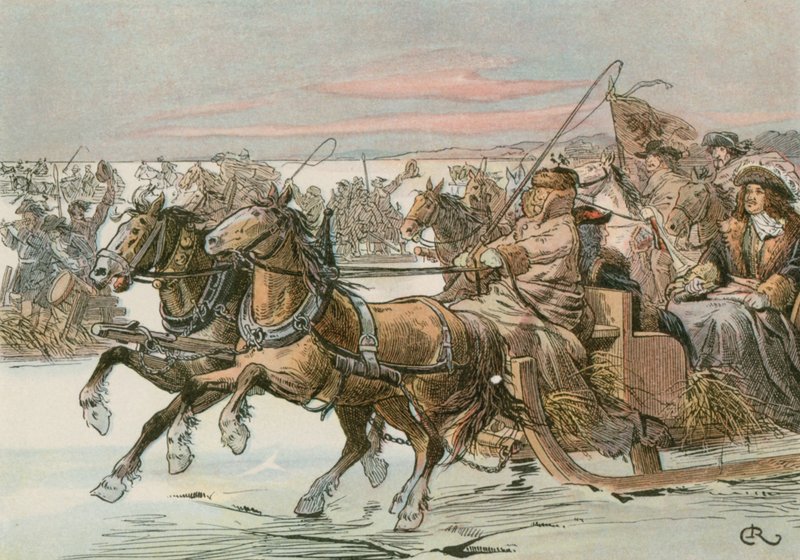 فريدريك ويليام ، الناخب العظيم (1620-1688) ، يعبر البحيرة الكورونية بالزلاجة في رحلة استكشافية ضد السويديين عام 1678 بواسطة كارل فارغ