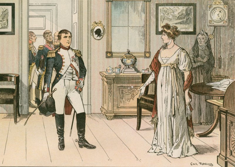 الملكة لويز من بروسيا (1776-1810) ونابليون الأول (1769-1821) في تيلسيت عام 1807 أثناء توقيع المعاهدة الثانية في تيلسيت بواسطة كارل فارغ