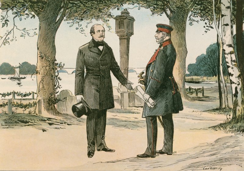 فيلهلم الأول ، ملك بروسيا وأول إمبراطور ألماني (1797-1888) ، وأوتو فون بسمارك ، رجل الدولة الألماني (1815-1898) ، في بابلسبيرج عام 1862 بواسطة كارل فارغ