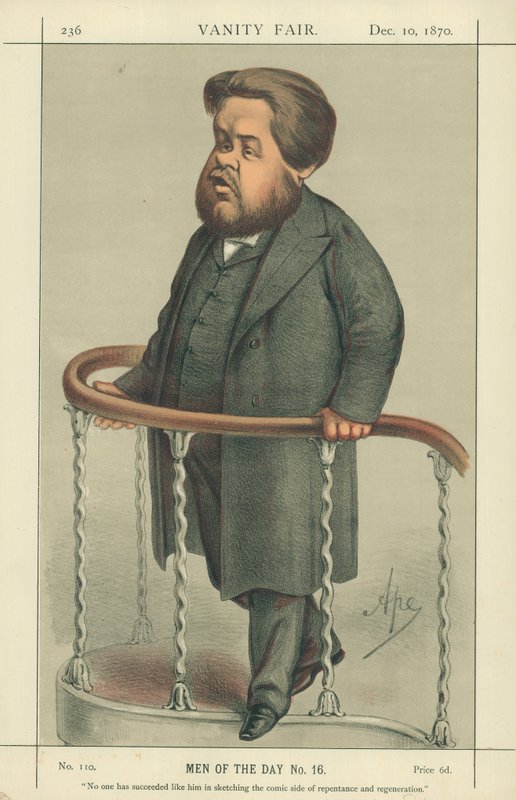 ال Rev Charles Spurgeon ، نجح أحد مثله في رسم الجانب الهزلي للتوبة والتجديد ، 17 يوليو 1880 ، Vanity Fair cartoon بواسطة كارلو بيليجريني
