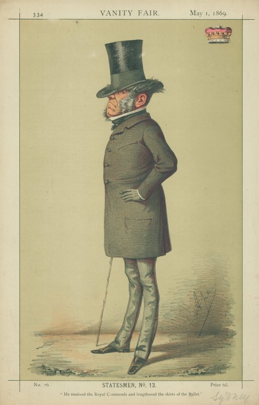 فيسكونت سيدني ، تلقى الأوامر الملكية وأطالة تنانير الباليه ، 1 مايو 1869 ، كارتون فانيتي فير بواسطة كارلو بيليجريني