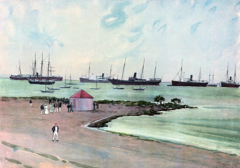 السفن الإسبانية التي تم الاستيلاء عليها في المرساة في ميناء مان أوف وار ، كي ويست. - منظر من Esplanade بالقرب من ثكنات جيش الولايات المتحدة بواسطة كارلتون ثيودور تشابمان