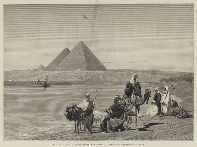 فناننا الخاص في مصر ، الأهرامات أثناء غمر النيل بواسطة تشارلز أوغست لويي