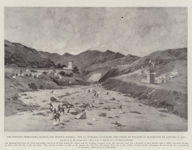 العمليات العقابية ضد محسود وزيري ، الثاني جوركا يهاجم برج الوالدين في وزيرستان في 2 يناير 1902 بواسطة تشارلز أوغست لويي