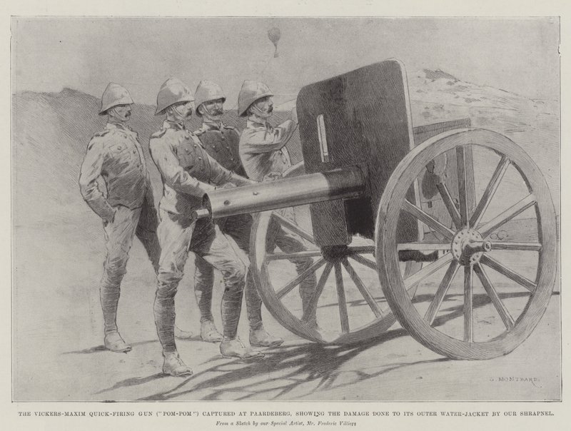 مسدس Vickers-Maxim Quick-Firing (بوم بوم) الذي تم التقاطه في بارديبرغ ، مما يدل على الأضرار التي لحقت بسترته المائية الخارجية بشظايانا بواسطة تشارلز أوغست لويي