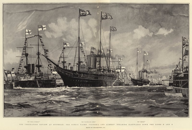 The Coronation Review at Spithead ، يخت فيكتوريا الملك وألبرت يتجهان شرقا أسفل الخطوط D و E بواسطة تشارلز إدوارد ديكسون