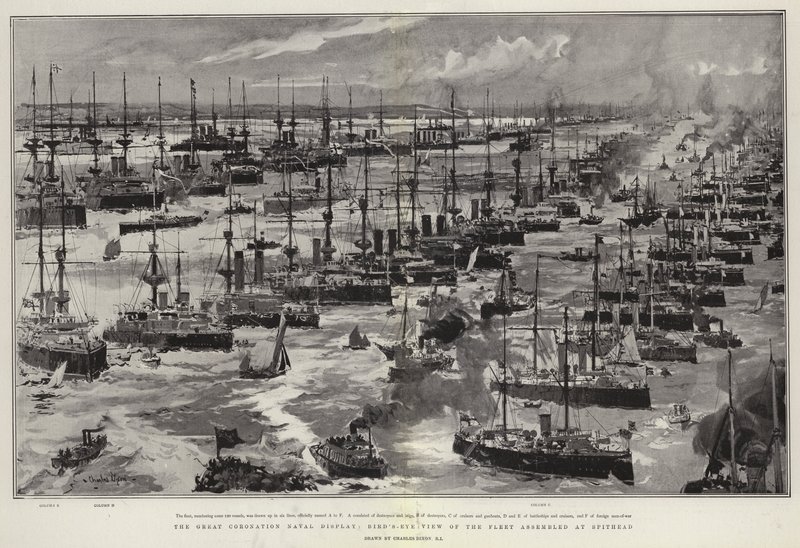عرض التتويج البحري العظيم ، عرض عين الطائر للأسطول في Spithead بواسطة تشارلز إدوارد ديكسون