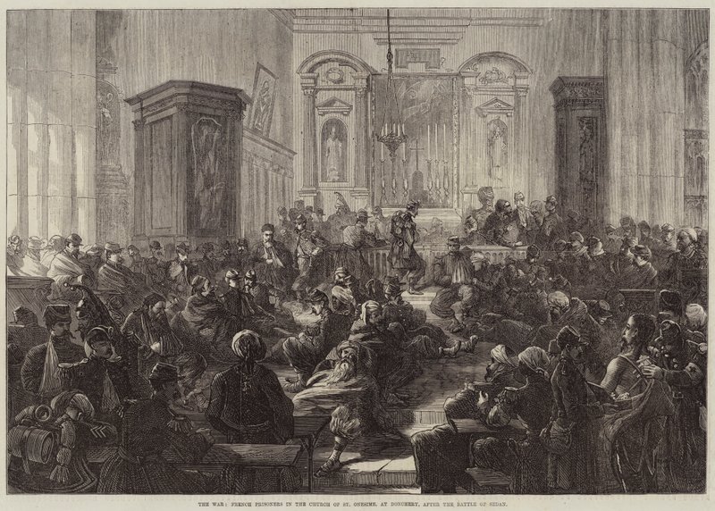 الحرب ، السجناء الفرنسيون في كنيسة سانت أونيسيم ، في دونشيري ، بعد معركة سيدان بواسطة تشارلز ج. ستانيلاند