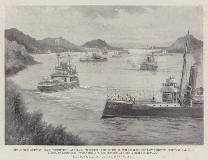 السؤال الصيني ، HMS Centurion و HMS Iphigenia ينضمون إلى السرب البريطاني قبالة ميناء هاميلتون ، يوم عيد الميلاد ، 1897 ، إشارة من سيمافور ، الأميرال يتمنى الضباط والرجال ميلاد سعيد بواسطة تشارلز جون دي لاسي