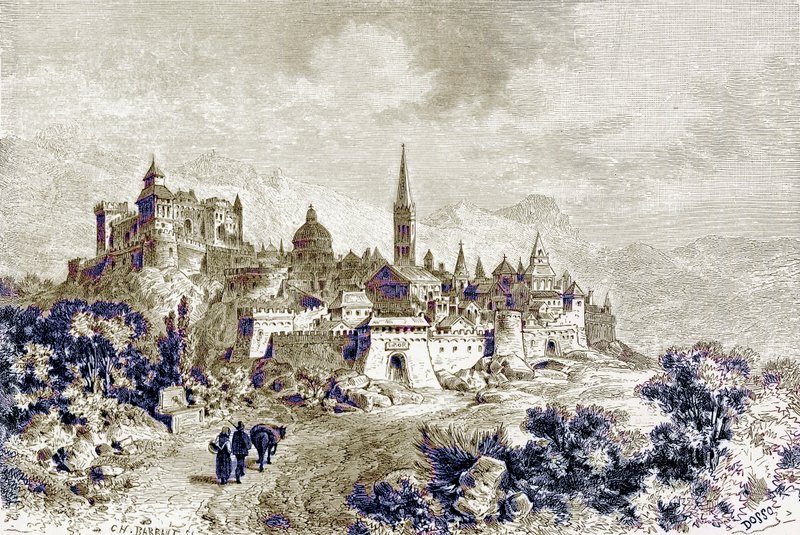 منظر لسبوليتو ، رسم توضيحي من "تاريخ روما" بقلم فيكتور دوروي ، نشر عام 1884 (صورة محسنة رقميًا) بواسطة تشارلز باربانت