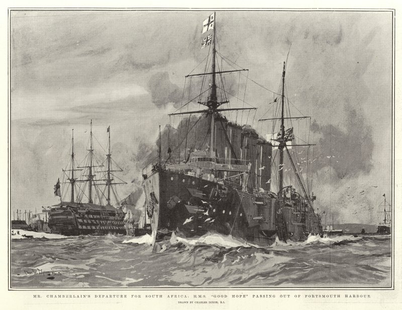 رحيل السيد تشامبرلين إلى جنوب أفريقيا ، HMS Good Hope يمر خارج ميناء بورتسموث بواسطة تشارلز إدوارد ديكسون