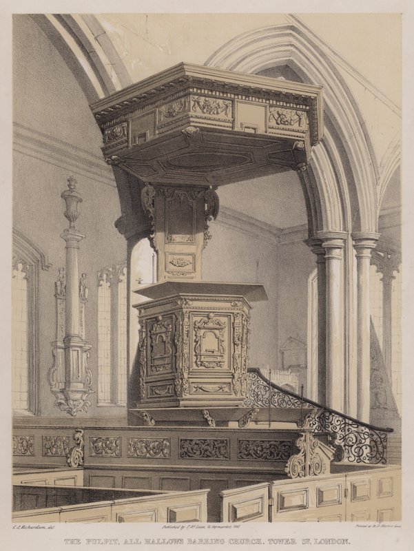 The pulpit, All Hallows Barking Church, Tower Street, London (colour litho) بواسطة تشارلز جيمس ريتشاردسون