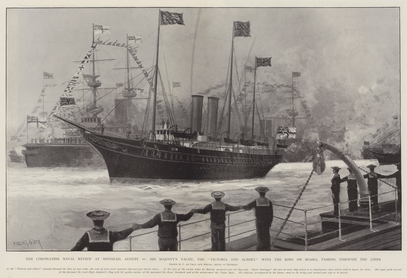 The Coronation Naval Review at Spithead ، 16 أغسطس ، يخت صاحب الجلالة ، فيكتوريا وألبرت ، مع الملك على متنها ، يمر عبر الخطوط بواسطة تشارلز جون دي لاسي