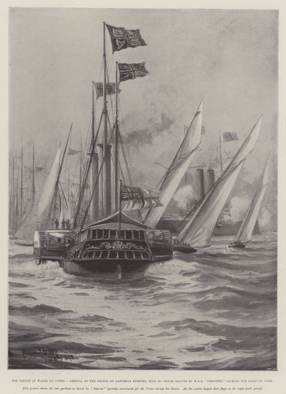 أمير ويلز في كاوز ، وصول الأمير مساء السبت ، 30 يوليو ، التحية الملكية من قبل HMS Crescent ، النقيب دوق يورك بواسطة تشارلز جون دي لاسي