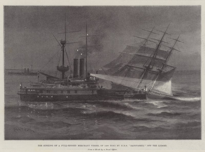غرق سفينة تجارية كاملة 1400 طن بواسطة HMS Sanspareil قبالة السحلية بواسطة تشارلز جون دي لاسي