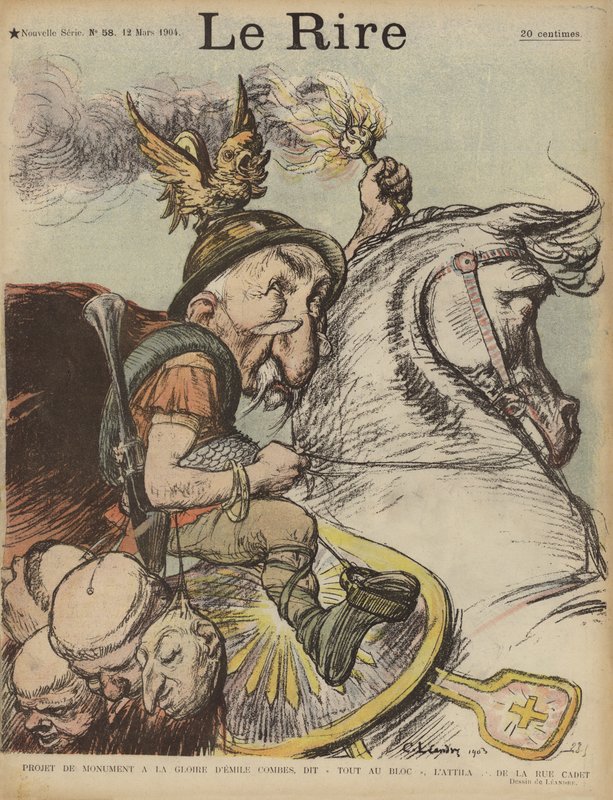 كاريكاتير لرئيس الوزراء الفرنسي إيميل كومتس باسم أتيلا الهون. رسم توضيحي لـ Le Rire بواسطة تشارلز ليندر
