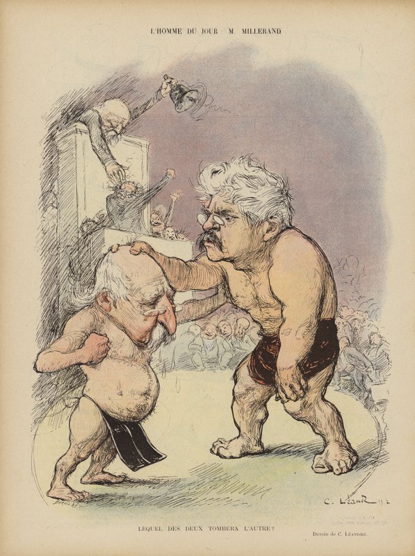 كاريكاتير الساسة الفرنسيين إميل كومز وألكسندر ميلراند. رسم توضيحي لـ Le Rire بواسطة تشارلز ليندر