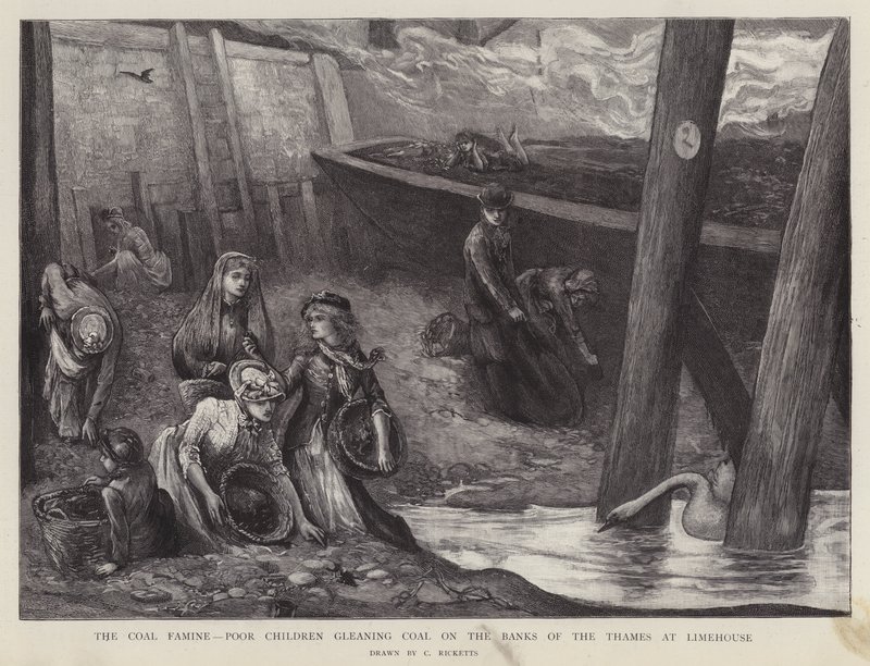 Poor children gleaning pieces of coal from the banks of the Thames at Limehouse, London (litho) بواسطة تشارلز ريكيتس