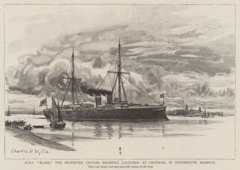 تم إطلاق HMS Blake ، الطراد المحمي مؤخرًا في Chatham ، في ميناء بورتسموث بواسطة تشارلز ويليام ويلي