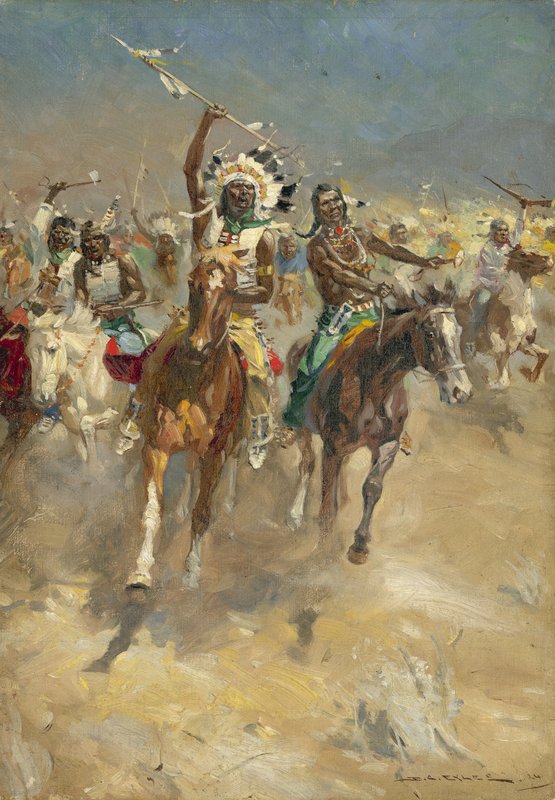 هنود يهاجمون الهنود على ظهور الخيل (غواش على ورق) بواسطة ديريك تشارلز ايلز