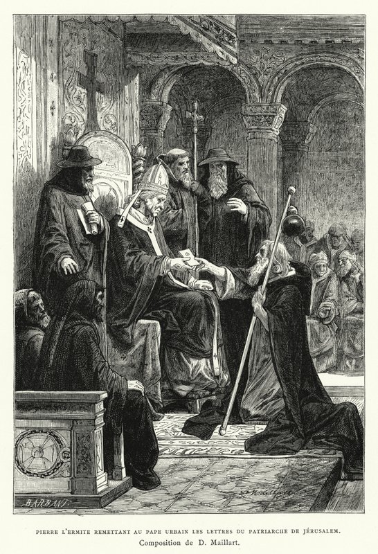 بطرس الناسك يسلم رسائل بطريرك القدس إلى البابا أوربان (نقش) بواسطة Diogene Ulysse Napoleon Maillart