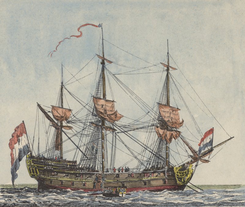 Ship of the Dutch East India Company (coloured engraving) بواسطة المدرسة الهولندية