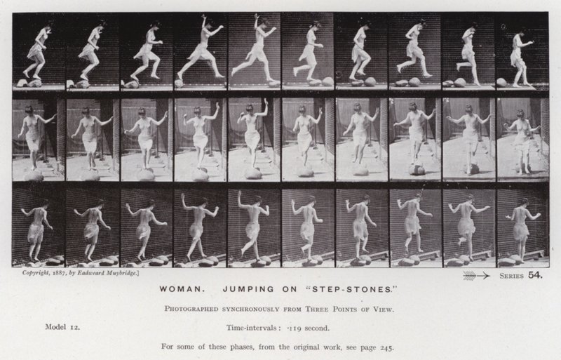 The Human Figure in Motion: Woman, jumping on "step-stones" (b/w photo) بواسطة ايدويرد مويبريدج