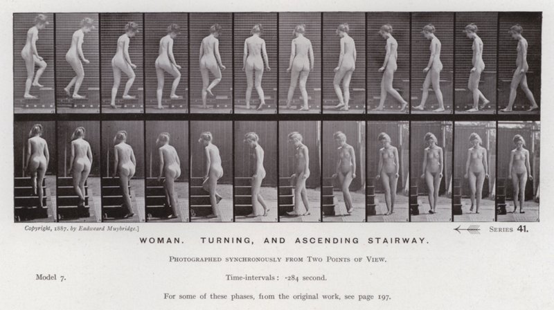 The Human Figure in Motion: Woman, turning, and ascending stairway (b/w photo) بواسطة ايدويرد مويبريدج