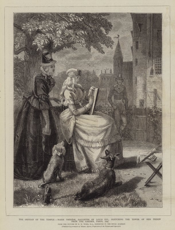 يتيم المعبد ، ماري تيريز ، ابنة لويس السادس عشر ، رسم برج سجنها من الحديقة ، باريس ، 1795 بواسطة إدغار ملفيل وارد
